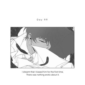 2boys black_wings closed_eyes coat commentary_request english_text falling_feathers feathered_wings feathers greyscale highres kim_dokja kiss male_focus monochrome multiple_boys omniscient_reader&#039;s_viewpoint open_clothes open_coat popped_collar twle upper_body wings yaoi yoo_joonghyuk