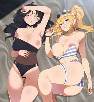 2girls ah-lyong_lee ass bar_censor bed_sheet bikini bikini_pull black_hair blue_eyes blush breasts censored clothes_pull collarbone eyewear_on_head girls&#039;_frontline hair_between_eyes hair_ribbon highres kalina_(girls&#039;_frontline) large_breasts long_hair looking_at_viewer lying mole mole_on_breast mole_under_eye multiple_girls nipples on_back one_breast_out python_(girls&#039;_frontline) ribbon side_ponytail smile striped_bikini striped_clothes sunglasses swimsuit thigh_strap white_ribbon yellow_eyes