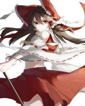 1girl absurdres ascot bow brown_hair chinese_commentary commentary_request detached_sleeves frilled_bow frilled_hair_tubes frills hair_bow hair_tubes hakurei_reimu highres holding long_hair looking_at_viewer momomo_twi red_bow red_eyes red_skirt ribbon-trimmed_sleeves ribbon_trim simple_background skirt skirt_set solo touhou white_background yellow_ascot