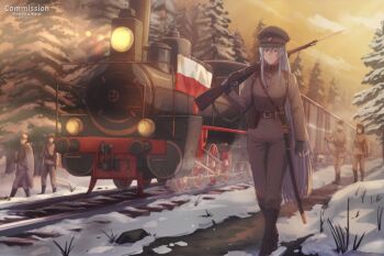 2girls 3boys absurdres akame_ga_kill! ammunition_pouch belt black_gloves blue_eyes blue_hair bolt_action boxcar brown_belt brown_jacket brown_pants cigarette commentary commission czechoslovak_army english_commentary esdeath gloves gun gun_sling hat highres holding holding_cigarette holding_gun holding_weapon jacket kepincox locomotive long_hair long_sleeves military military_hat military_uniform mosin-nagant multiple_boys multiple_girls outdoors pants peaked_cap pixiv_commission polish_flag pouch railroad_tracks rifle russia russian_civil_war saber_(weapon) snow steam_locomotive sunrise sword train tree very_long_hair weapon