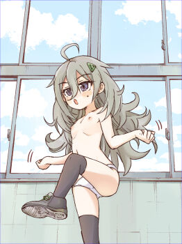 1girl :o ahoge blush clenched_hands cloud curly_hair day flat_chest fukaku-tei grey_eyes hair_between_eyes hair_ornament hibi_wa_sugiredo_meshi_umashi higa_tsutsuji leg_up loli long_hair nipples open_mouth over-kneehighs panties shoes solo standing standing_on_one_leg thighhighs topless_female underwear white_panties window