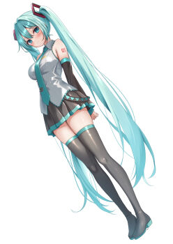 1girl absurdly_long_hair aqua_eyes aqua_hair aqua_necktie aqua_trim arm_tattoo arms_behind_back bare_shoulders black_boots black_skirt black_sleeves blush boots breasts closed_mouth collared_shirt comiket_106 commentary_request detached_sleeves full_body grey_shirt hair_between_eyes hair_ornament hatsune_miku headset highres long_hair long_sleeves medium_breasts miniskirt necktie pi_liod pleated_skirt shirt simple_background skirt sleeveless sleeveless_shirt small_breasts smile solo standing tattoo thick_thighs thigh_boots thighhighs thighs tie_clip twintails very_long_hair vocaloid white_background zettai_ryouiki