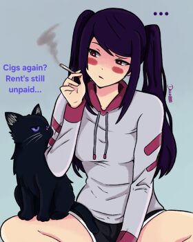 ... 1girl alternate_costume artist_name blush cat cigarette cocked_eyebrow daikiri0000 dolphin_shorts drawstring english_text fore_(va-11_hall-a) grey_hoodie highres holding holding_cigarette hood hoodie jill_stingray long_hair long_sleeves looking_at_animal purple_hair red_eyes short_shorts shorts sidelocks smoke smoke_trail swept_bangs talking_animal twintails two-tone_hoodie va-11_hall-a white_trim