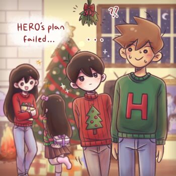 ... 2boys 2girls ? ?? absurdres alternate_costume antenna_hair aubrey_(faraway)_(omori) aubrey_(omori) black_eyes black_hair blue_pants bright_pupils brother_and_sister brown_hair brown_pants brown_skirt christmas_sweater christmas_tree closed_mouth commentary denim double-parted_bangs english_commentary english_text gift green_sweater hair_between_eyes hero_(faraway)_(omori) hero_(omori) highres holding holding_gift jeans long_hair long_sleeves looking_at_another mari_(faraway)_(omori) mari_(omori) mistletoe multiple_boys multiple_girls nervous_smile nervous_sweating omori pants pleated_skirt red_sweater ribbed_sweater setosexual short_hair siblings skirt smile sunny_(omori) sweat sweater white_pupils window yaoi