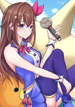 1girl absurdres ankimo_(tokino_sora) blue_thighhighs blue_vest brown_hair closed_mouth diamond_hair_ornament highres holding holding_microphone hololive lawgdrawingworkshop long_hair looking_at_viewer microphone purple_eyes shirt smile solo thighhighs tokino_sora tokino_sora_(1st_costume) vest virtual_youtuber white_shirt