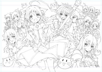 Rule 34 | 10s, 1boy, 6+girls, :3, ahoge, animal ears, armor, bad id, bad pixiv id, bandages, bare shoulders, blush, blush stickers, breasts, brioche d'arquien, capelet, cat ears, cat tail, cinque izumi, cleavage, dog days, dog ears, eclair martinozzi, fingerless gloves, flower, fox ears, gloves, hair flower, hair ornament, hair ribbon, hairband, head wings, jaune clafoutis, knife, large breasts, leonmitchelli galette des rois, long hair, millhiore f. biscotti, monochrome, multiple girls, nean, noir vinocacao, open mouth, outstretched hand, ponytail, puffy sleeves, rabbit ears, rebecca anderson, ribbon, ricotta elmar, short hair, short sleeves, smile, staff, tail, takatsuki nanami, twintails, vert farbreton, whiskers, wings, yukikaze panettone