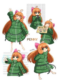 1girl android barefoot crossover diana_(pragmata)_(cosplay) jacket long_hair padded_jacket penny_polendina pragmata ribbon rwby