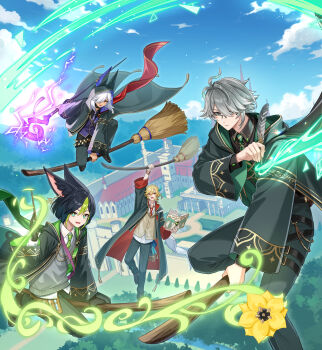 4boys :d absurdres ahoge alhaitham_(genshin_impact) amaichi_esora animal_ears black_coat black_gloves black_hair black_hoodie black_pants blonde_hair book broom broom_riding brown_vest closed_mouth cloud coat commentary_request cyno_(genshin_impact) day electricity flower flying genshin_impact glasses gloves green_hair grey_hair grey_vest highres holding holding_book holding_broom holding_quill holding_staff holding_wand hood hoodie hoyofair kaveh_(genshin_impact) long_sleeves looking_at_viewer male_focus mehrak_(genshin_impact) multicolored_hair multiple_boys open_mouth outdoors pants purple_vest quill smile staff streaked_hair tighnari_(genshin_impact) vest wand white_hair wide_sleeves yellow_flower