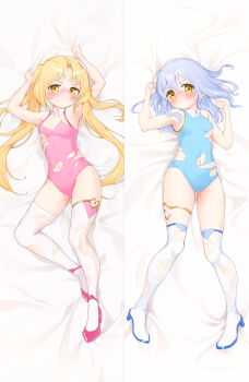 Rule 34 | 2girls, armpits, arms up, bed sheet, blonde hair, blue hair, blue leotard, blush, boots, breasts, brown eyes, commentary request, commission, dakimakura (medium), full body, highres, kinkuma, leotard, long hair, lying, multiple girls, navel, on back, original, pink leotard, pink shoes, sheet grab, shoes, short hair, skeb commission, small breasts, thigh boots, thighhighs, thighs, torn clothes, torn leotard, twintails, white boots, white thighhighs, yellow eyes