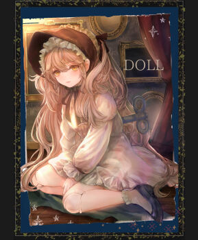 1girl blonde_hair bonnet commentary_request doll doll_joints expressionless fantasy grey_hair highres indoors joints komorihikki lolita_fashion long_hair looking_at_viewer original sitting solo very_long_hair winding_key