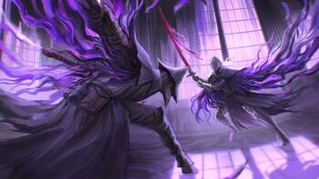 Rule 34 | 1boy, 1girl, armor, blade of mercy, blood, bloodborne, bloody crow of cainhurst, bloody weapon, cape, chikage (bloodborne), commentary, dual wielding, eileen the crow, english commentary, fighting, floating cape, full armor, helm, helmet, highres, holding, holding sword, holding weapon, indoors, plague doctor mask, pouch, purple cape, purple theme, rashuu, shadow, sword, weapon, window, window shadow