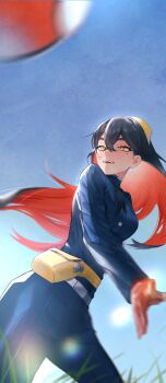 1girl absurdres bag belt black_hair blue_jacket blue_pants buttons carmine_(pokemon) clear_sky commentary crossed_bangs day fanny_pack floating_hair from_below gloves grass hair_between_eyes hairband highres jacket long_hair motion_blur nintendo open_mouth outdoors pants pokemon pokemon_scarlet_and_violet red_gloves sky solo teeth throwing uctessen116 upper_teeth_only yellow_bag yellow_eyes yellow_hairband