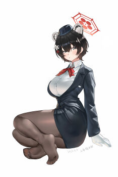 Rule 34 | 1girl, absurdres, animal ear fluff, animal ears, black hair, black hat, black skirt, black suit, blue archive, blue eyes, blush, bow, bowtie, breasts, brown pantyhose, closed mouth, collared shirt, commentary request, dress shirt, extra ears, eyes visible through hair, feet, flower, formal clothes, from behind, full body, garrison cap, hair between eyes, hair flower, hair ornament, halo, hat, highres, large breasts, legs together, long sleeves, looking at viewer, looking back, no shoes, official alternate costume, pantyhose, pencil skirt, raccoon ears, raccoon girl, red bow, red bowtie, red flower, red halo, shangdi de fa zhang, shirt, short hair, simple background, sitting, skirt, soles, solo, suit, toes, tsubaki (blue archive), tsubaki (guide) (blue archive), white background, white flower, white shirt, yokozuwari