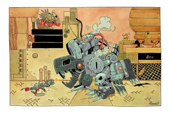 Rule 34 | aiming, arm cannon, battle, blue hair, cable, chasing, claw (weapon), claws, colored skin, commission, creature, creature focus, cyborg, digimon, digimon (creature), digimon world, energy ball, factory, fake horns, fleeing, grey helmet, hand up, helmet, horned helmet, horns, in-universe location, industrial pipe, mechanical hands, megadramon, metalmamemon, mugendramon, muscular, non-humanoid robot, numemon, open mouth, powering up, red eyes, red skin, robot, running, sharp teeth, short hair, shoulder cannon, skull ornament, solid eyes, steam, sweatdrop, taragraphika, teeth, watching, weapon