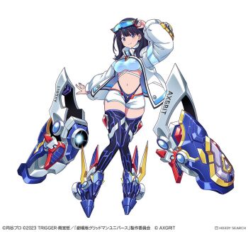 Rule 34 | 1girl, arm up, black hair, black panties, black thighhighs, blue eyes, breasts, closed mouth, copyright notice, dolphin shorts, eyewear on head, goggles, goggles on head, gridman universe, highleg, highleg panties, jacket, leg armor, long hair, long sleeves, mecha musume, medium breasts, midriff, navel, official art, open clothes, open jacket, panties, promotional art, short shorts, shorts, simple background, smile, ssss.gridman, stomach, takarada rikka, thighhighs, underwear, white background, white jacket, white shorts