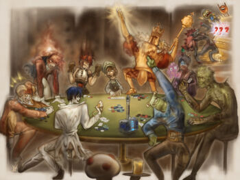 3girls 6+boys balatro blue_hair blurry blurry_background brown_gloves card character_request clenched_hands colored_skin commentary commission crossover croupier dicey_dungeons egg english_commentary gambling gen_5_pokemon gloves green_skin griftlands hammer helmet highres holding holding_card indoors inscryption jimbo_(balatro) king_knight leshy_(inscryption) luigi mario_(series) motion_blur multiple_boys multiple_crossover multiple_girls neon_white neon_white_(character) nintendo november32nd plants_vs._zombies playing_card pokemon pokemon_(creature) poker_chip potionomics puffy_sleeves red_hair scepter shovel_knight sitting slay_the_spire slot_machine smith_(griftlands) super_mario_64_ds sylvia_(potionomics) table the_watcher_(slay_the_spire) toad_(mario) white_gloves zoroark