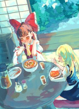 Rule 34 | 2girls, blonde hair, bowl, brown hair, chabudai, chopsticks, cupboard, food, hair ribbon, hakurei reimu, highres, holding, holding chopsticks, jug (bottle), kirisame marisa, long hair, mashi (pixiv zcjd2538), multiple girls, no headwear, noodles, red ribbon, ribbon, round table, soup, soy sauce bottle, summer, table, touhou, utens
