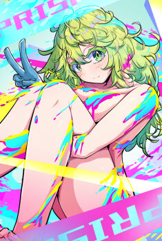 1girl blue_gloves bodypaint boku_no_hero_academia breasts closed_mouth commentary_request double-parted_bangs feet_out_of_frame gloves green_eyes green_hair hagakure_toru hair_between_eyes hand_up highres karan_koron100 knees_up large_breasts legs long_hair looking_at_viewer naked_paint paint_on_body sitting smile solo