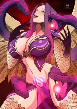 1girl breasts cleavage eyelashes fangs fate/grand_order fate_(series) fingernails forked_tongue glowing glowing_eyes glowing_tattoo gorgon_(fate) head_tilt highres huge_breasts ihsnet long_fingernails long_tongue medusa_(fate) navel open_mouth pelvic_curtain pubic_tattoo purple_eyes purple_hair rider scales sharp_fingernails solo stomach tattoo teeth tongue upper_teeth_only wings