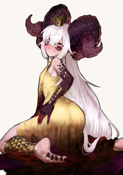 1girl absurdres ass bare_shoulders barefoot breasts colored_skin crown curled_horns demon_girl dress ekrea_jan gold_dress highres horns huge_horns long_hair looking_at_viewer looking_back maou-chan_(ekrea_jan) monster_girl nail_polish original pointy_ears red_eyes red_skin sharp_toenails sitting small_breasts solo toenail_polish toenails toes very_long_hair wariza white_hair