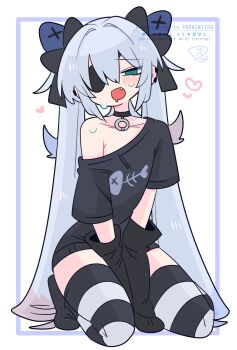 1boy :o arm_warmers arms_between_legs black_bow black_choker black_shirt black_thighhighs blue_eyes blue_hair blush bow choker collarbone colored_tips commentary crossdressing crossdressing_(mtf) drooling earclip eyepatch fang fish_skeleton fish_skeleton_print flipped_hair full_body hair_between_eyes hair_bow hair_intakes heart highres long_hair looking_at_viewer male_focus multicolored_hair narrowed_eyes no_nose no_pants no_shoes one_eye_covered op_na_yarou open_mouth original print_shirt quad_tails raised_inner_eyebrows red_hair rigel_(op_na_yarou) seiza shirt sidelocks simple_background single_bare_shoulder single_off_shoulder sitting solo straight_hair striped_clothes striped_thighhighs t-shirt thighhighs thighs trap v_arms very_long_hair watermark white_background white_hair white_thighhighs