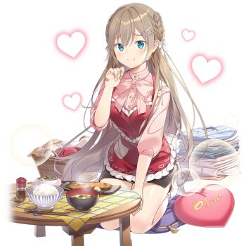 1girl apron aqua_eyes black_skirt braid breasts chabudai closed_mouth commentary_request cushion folding_clothes frilled_apron frills hair_between_eyes lidelle_esquire long_hair medium_breasts pink_shirt red_apron rice rie_(reverie) shirt skirt table uchi_no_hime-sama_ga_ichiban_kawaii very_long_hair zabuton