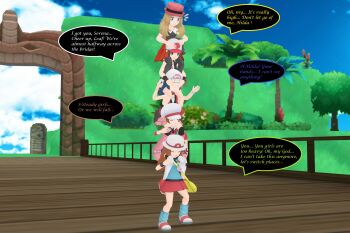 3d 5girls anger_vein baseball_cap beanie black_thighhighs blue_eyes blue_hair blue_socks boots bracelet bridge carrying cloud commentary covering_another&#039;s_eyes dawn_(pokemon) day dogpile english_commentary english_text fence flying_sweatdrops hands_on_another&#039;s_head hat hat_ribbon highres hilda_(pokemon) human_tower jewelry leaf_(pokemon) long_hair loose_socks lyra_(pokemon) multiple_girls nintendo one_eye_closed outdoors palm_tree piggyback pink_boots pink_headwear pokemon pokemon_bw pokemon_dppt pokemon_frlg pokemon_hgss pokemon_xy red_ribbon red_skirt ribbon serena_(pokemon) shirt shoes shoulder_carry shoulderridelife skirt sky socks speech_bubble stacking standing teamwork thighhighs tree vest white_headwear white_thighhighs wristband