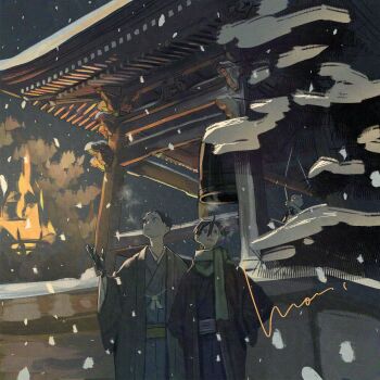 Rule 34 | 2boys, absurdres, architecture, bell, black gloves, black hair, blue eyes, building, commentary request, east asian architecture, fire, gloves, highres, japanese clothes, kimono, looking up, male focus, mori hisato, multiple boys, original, outdoors, scarf, shrine, snowing, tree