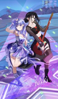 2girls ankle_socks arm_ribbon armband asymmetrical_legwear asymmetrical_skirt bass_guitar beach black_boots black_hair black_lips black_shirt black_skirt blue_sky boots bow bow_choker bowtie chinese_commentary choker closed_mouth collarbone commentary_request confetti copyright_name counterflow_concerto_(infinity_nikki) crop_top dress earrings eyelashes feather_hair_ornament feathers fingerless_gloves frilled_arm_warmers full_body gloves grey_eyes grey_thighhighs guitar hair_bow hair_bun hair_ornament hair_over_shoulder hand_on_own_head happy headset highres idol infinity_nikki instrument island jewelry knee_boots leg_up light_blush lipstick long_hair long_skirt long_sleeves makeup midriff mingastrid multiple_girls music navel night nikki_(series) one_side_up outdoors palm_tree playing_guitar playing_instrument punk purple_arm_warmers purple_bow purple_bowtie purple_dress purple_eyes purple_gloves purple_hair purple_ribbon ribbon see-through_clothes see-through_sleeves shadow shirt short_dress short_hair short_hair_with_long_locks sidelocks single_hair_bun single_sock single_thighhigh skirt sky smile socks stage stage_lights standing star_(symbol) starry_nocturne_(infinity_nikki) strapless strapless_dress tareme thigh_strap thighhighs train_(clothing) tree white_armband