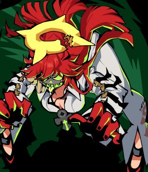 1girl absurdres ankh_necklace anklet bell-bottoms belt bent_over black_gloves black_nails breasts broken_halo claw_pose cleavage collared_shirt commentary_request floating_hair front_slit full_body gloves grey_mask grin guilty_gear guilty_gear_strive halo highres jack-o'_valentine jewelry jojcachu lanyard large_breasts leaning_forward legs_apart long_hair mask messy_hair open_belt pants pumpkin_mask red_gloves red_hair red_shoes shirt shoes skirt smile solo spiked_halo spread_legs standing tareme tongue tongue_out too_many too_many_belts two-tone_gloves very_long_hair white_pants white_skirt wide_spread_legs