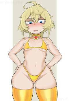 1girl absurdres alatir annoyed bikini blonde_hair blue_eyes blush breasts collarbone embarrassed eyelashes feet_out_of_frame female_focus gold_bikini gold_thighhighs grey_background hands_on_own_hips highres kyojiri_loli loli looking_at_viewer navel short_hair simple_background small_breasts solo standing swimsuit tanya_degurechaff thighhighs two-tone_background white_background youjo_senki