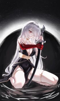 1girl absurdres acheron_(honkai:_star_rail) ahoge alternate_costume black_dress black_hole blood bloody_tears breasts choker cleavage colored_skin commentary covered_navel dress english_commentary hair_over_one_eye highres honkai:_star_rail honkai_(series) jewelry large_breasts long_hair mavimavi_art red_eyes red_skin sitting solo sword thighlet thighs very_long_hair wariza water weapon white_hair