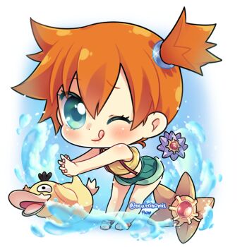 1girl :q ;q asymmetrical_hair bare_arms bent_over blue_eyes blush chibi closed_mouth crop_top eyelashes gen_1_pokemon green_eyes green_shorts hair_between_eyes hair_tie leaning_forward looking_at_viewer midriff misty_(pokemon) navel nintendo one_eye_closed orange_hair outstretched_arms own_hands_together pinny pokemon pokemon_(anime) pokemon_(classic_anime) ponytail psyduck shirt shoes short_hair short_shorts shorts side_ponytail sleeveless sleeveless_shirt smile sparkle standing starmie staryu suspender_shorts suspenders tongue tongue_out water yellow_shirt