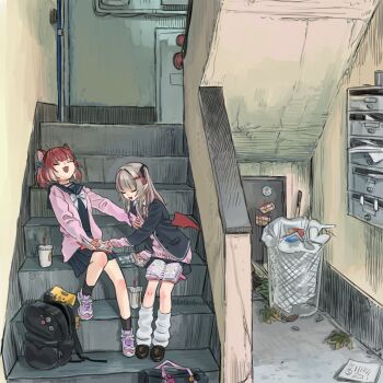 2girls absurdres akami_karubi animal_ears backpack bag black_jacket black_sailor_collar bow bowtie brown_hair cardigan closed_eyes crazy_raccoon demon_wings highres indoors jacket koze_niire leg_warmers loafers makaino_ririmu multicolored_hair multiple_girls nijisanji pink_cardigan pleated_skirt pointy_ears raccoon_ears raccoon_girl red_hair sailor_collar school_uniform serafuku shoes sitting sitting_on_stairs skirt sneakers stairs streaked_hair twintails two-tone_hair two_side_up virtual_youtuber wings