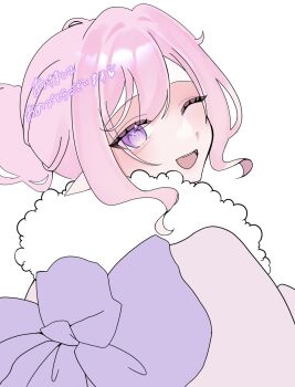 Rule 34 | 1girl, ;o, alternate costume, elf, elysia (herrscher of human: ego) (honkai impact), elysia (honkai impact), fuka ( ilouxs2), highres, honkai (series), honkai impact 3rd, looking at viewer, medium hair, one eye closed, pink hair, pointy ears, purple eyes, simple background, smile, solo, translation request, white background