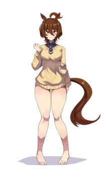 1girl adapted_costume agnes_tachyon_(tach-nology)_(umamusume) agnes_tachyon_(umamusume) ahoge animal_ears black_necktie blush breasts brown_hair chemical_structure closed_mouth commentary earrings english_commentary full_body hair_between_eyes highres hinghoi horse_ears horse_girl horse_tail huge_ahoge jewelry large_breasts long_sleeves looking_at_viewer necktie no_pants red_eyes shirt short_hair short_necktie single_earring smile solo sweater sweater_vest tail umamusume yellow_sweater yellow_sweater_vest