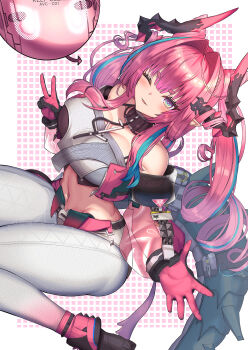 Rule 34 | 1girl, aqua hair, arknights, arknights: endfield, bare shoulders, belt, black belt, black collar, black gloves, black horns, black shoes, blue eyes, blush, breasts, collar, collarbone, commentary request, cone hair bun, detached sleeves, double bun, gloves, gradient eyes, green eyes, green tail, hair bun, hair intakes, hair on horn, hair ornament, hairclip, highres, hip bones, horns, jacket, large breasts, long hair, long sleeves, midriff, multicolored eyes, multicolored gloves, multicolored hair, multicolored horns, navel, nude, one eye closed, open mouth, pants, pink background, pink gloves, pink hair, pink horns, pink jacket, pink sleeves, pointy ears, purple eyes, see-through clothes, see-through sleeves, shoes, sitting, smile, stomach, streaked hair, twintails, two-tone gloves, two-tone hair, two-tone horns, v, white background, white pants, yuutopia, yvonne (arknights)
