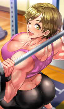 1girl ass back blonde_hair breasts cleavage daraz exercising highres large_breasts muscular muscular_female one-punch_man one_eye_closed pants short_hair solo sports_bra squatting sweat tanktop_girl weightlifting weights wristband yoga_pants