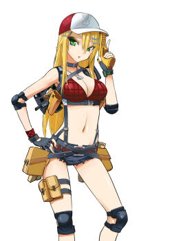 1girl absurdres blonde_hair breasts bullpup cleavage collar cutoffs dog_tags elbow_pads female_focus fingerless_gloves gloves green_eyes gun handgun highres hk33 holster jewelry knee_pads long_hair midriff navel necklace original p90 personal_defense_weapon pistol playboy pouch shiny_skin short_shorts shorts shoulder_holster solo submachine_gun suspenders torn_clothes trigger_discipline weapon