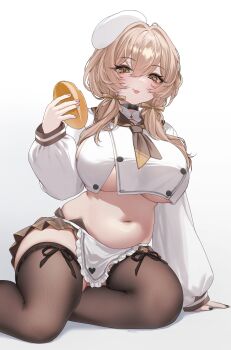 1girl absurdres apron beret black_thighhighs bread bready_(nikke) breasts brown_eyes brown_hair brown_skirt cropped_shirt food goddess_of_victory:_nikke hat highres holding holding_food large_breasts long_hair microskirt navel nemuaki plump simple_background skirt solo stomach thighhighs thighs tongue tongue_out underboob white_apron white_background