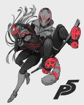 10s 1boy 1girl bodysuit boots fox_(persona_5) fox_mask grey_background hair_spread_out highres kitagawa_yuusuke long_hair looking_at_viewer mask oracle_(persona_5) persona persona_5 popped_collar red_eyes sakura_futaba shinonoko_(tubamecider) short_hair simple_background smile spot_color sword weapon