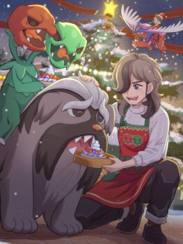 1boy 1girl absurdres apron arven_(holiday_2025)_(pokemon) black_pants braid brown_eyes brown_hair cake christmas christmas_ornaments christmas_tree closed_eyes colored_sclera commentary_request dog facial_hair fangs flying food grin hat head_wings highres holding holding_food juliana_(pokemon) koraidon long_hair long_sleeves mabosstiff multicolored_hair mustache nintendo official_alternate_costume open_mouth orange_eyes pants pokemoa pokemon pokemon_(creature) pokemon_masters_ex red_apron red_shirt santa_costume santa_hat scovillain sharp_teeth shirt smile snow snowing star_(symbol) sweater teeth tongue white_sweater wings yellow_sclera