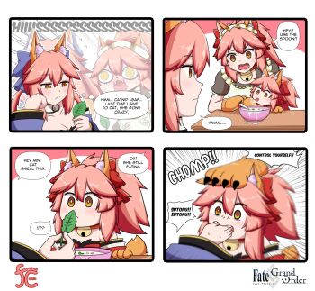 ! 3girls :< ? alternate_costume animal_ear_fluff animal_ears animal_hands apron bare_shoulders bell blue_kimono blue_ribbon blush breasts cat_paws catnip cleavage collar detached_sleeves english_text enmaided fangs fate/grand_order fate_(series) food fox_ears fox_girl fox_tail frills gloves hair_ribbon highres japanese_clothes jingle_bell keita_naruzawa kimono large_breasts licking long_hair maid maid_apron maid_headdress multiple_girls multiple_persona neck_bell open_mouth paw_gloves pink_hair ponytail red_kimono red_ribbon ribbon speech_bubble tail tamamo_cat_(fate) tamamo_cat_(first_ascension)_(fate) tamamo_cat_(second_ascension)_(fate) tamamo_no_mae_(fate) waist_apron white_apron yellow_eyes