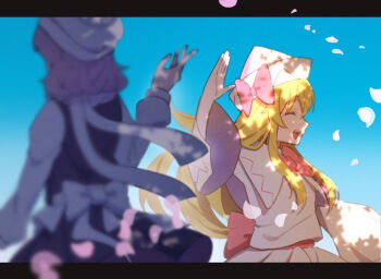 Rule 34 | 2girls, back, back bow, black border, blonde hair, blue sky, blurry, blurry foreground, border, bow, bowtie, capelet, changing seasons (touhou), closed eyes, commentary request, cowboy shot, day, dress, floating clothes, floating hair, hair between eyes, hand up, hat, hat bow, ko gyoku, letterboxed, letty whiterock, lily white, long hair, long sleeves, multiple girls, open mouth, outdoors, petals, pinafore dress, pink bow, pink bowtie, purple dress, purple hair, scarf, shirt, short hair, sidelocks, sky, sleeveless, sleeveless dress, smile, standing, teeth, touhou, white bow, white capelet, white dress, white hat, white scarf, white shirt, wide sleeves