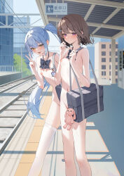 2girls absurdres bag black_bow black_bowtie blue_hair bow bowtie breasts breasts_out brown_hair change_in_common_sense commentary_request completely_nude deep_skin dot_nose exhibitionism facing_viewer highres holding holding_bag looking_at_viewer looking_to_the_side multiple_girls naked_school_attendance narrow_waist nude open_mouth original outdoors public_indecency public_nudity purple_eyes school_bag short_hair side_ponytail single_thighhigh skindentation small_breasts smile standing thighhighs thighs train_station train_station_platform v white_thighhighs xiao_lin_jiu yellow_eyes