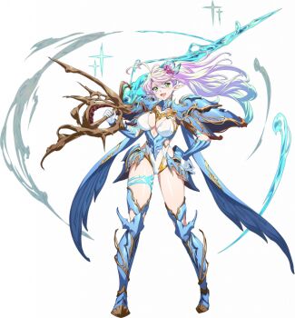 1girl :d ahoge arm_guards armor armored_boots aura blue_armor blue_boots blue_hair body_markings boots breasts cape cleavage clothing_cutout contrapposto faulds floating_hair flower full_body game_cg gloves gold_trim gradient_hair green_eyes hair_flower hair_ornament hand_on_own_hip hip_vent holding holding_sword holding_weapon huge_breasts hydrokinesis langrisser langrisser_mobile leotard liquid_weapon long_hair looking_at_viewer multicolored_hair nornorin_(langrisser) official_art open_mouth over_shoulder pauldrons pink_hair pointy_ears ponytail shoulder_armor simple_background smile solo standing sword sword_over_shoulder tachi-e thigh_boots thighs third-party_source transparent_background vambraces water weapon weapon_over_shoulder white_gloves white_leotard wing_cape