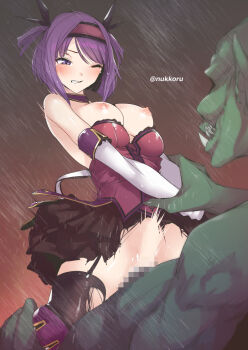 1boy 1girl bare_shoulders blush breasts breasts_out censored character_request colored_skin commentary_request copyright_request goblin green_skin hetero horns medium_breasts mosaic_censoring nipples nukkoru one_eye_closed rain sex short_hair solo_focus vaginal
