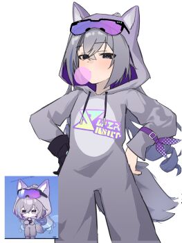 1girl absurdres animal_ears arm_ribbon blowing_bubble_gum blue_hair chewing_gum commentary_request crossed_arms drill_hair eyewear_on_head gauntlets gradient_hair grey_eyes grey_hair hand_on_own_hip highres honkai:_star_rail honkai_(series) include_sub long_hair multicolored_hair onesie reference_inset ribbon silver_wolf_(honkai:_star_rail) silver_wolf_(wolf_onesie)_(honkai:_star_rail) simple_background single_gauntlet tail twin_drills white_background wolf_ears wolf_tail
