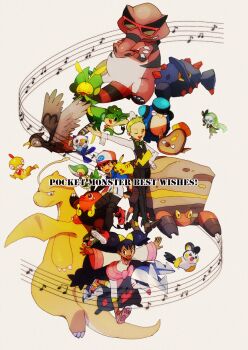 1girl 2boys angry aqua_eyes ash_ketchum baseball_cap big_hair bird black_hair black_pants black_vest boldore bow bowtie brown_eyes brown_shoes cilan_(pokemon) closed_eyes closed_mouth collared_shirt commentary_request copyright_name crossed_arms crustle dark-skinned_female dark_skin dragon dragon_wings dragonite emolga excadrill fang gen_1_pokemon gen_5_pokemon green_bow green_bowtie green_eyes green_hair hand_on_own_hip hat holding_seashell iris_(pokemon) jacket krookodile leavanny legendary_pokemon long_hair long_sleeves meloetta meloetta_(aria) multiple_boys musical_note mythical_pokemon nintendo nostrils on_shoulder one_eye_closed open_mouth oshawott outstretched_arm outstretched_arms palpitoad pansage pants pignite pink_shoes pokemon pokemon_(anime) pokemon_(creature) pokemon_bw_(anime) pokemon_on_shoulder purple_hair red-framed_eyewear red_shoes scraggy sharp_teeth shirt shoes short_hair simple_background smile spread_arms stunfisk sunglasses tamamochi teeth traditional_bowtie unfezant unfezant_(female) v-shaped_eyebrows vest white_background white_shirt wings yellow_eyes