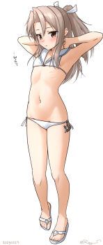 1girl anchor_ornament bikini breasts brown_eyes brown_hair cosplay full_body groin high_ponytail highres kantai_collection long_hair lowleg lowleg_bikini navel one-hour_drawing_challenge ponytail ray.s sailor_bikini sailor_collar sandals side-tie_bikini_bottom small_breasts solo swimsuit white_bikini z3_max_schultz_(kancolle) z3_max_schultz_(kancolle)_(cosplay) z3_max_schultz_(swimsuit)_(kancolle) zuihou_(kancolle)